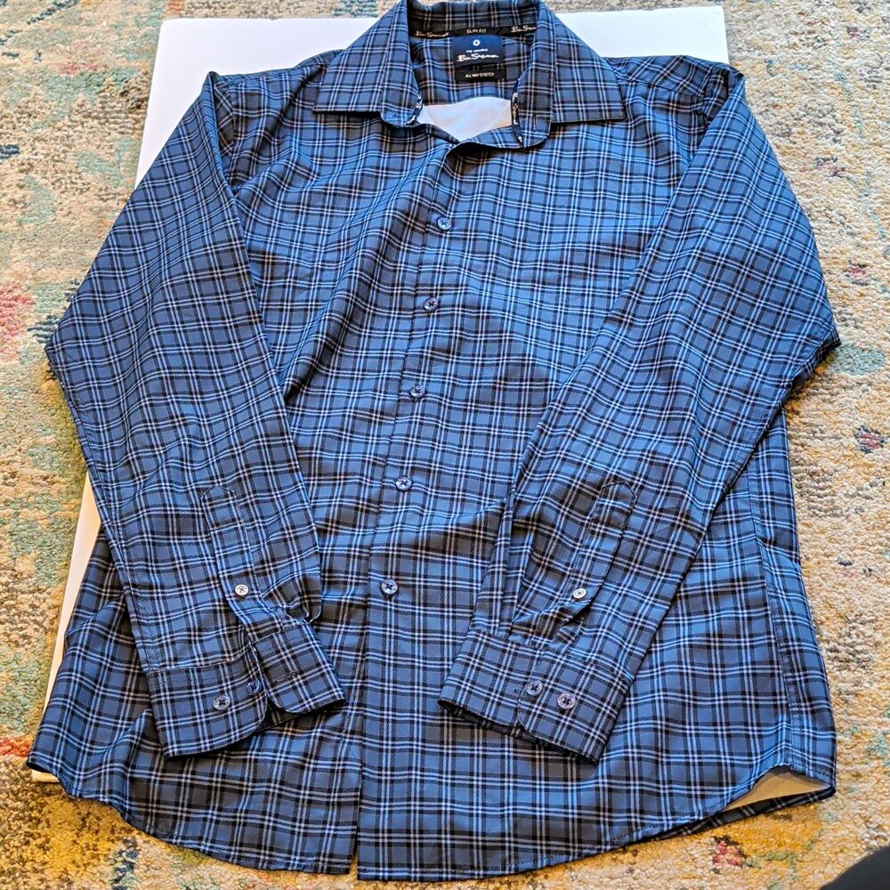 Ben Sherman Men S 32/33 Dress Shirt Slim Fit Stretch Blue Black Plaid LS
